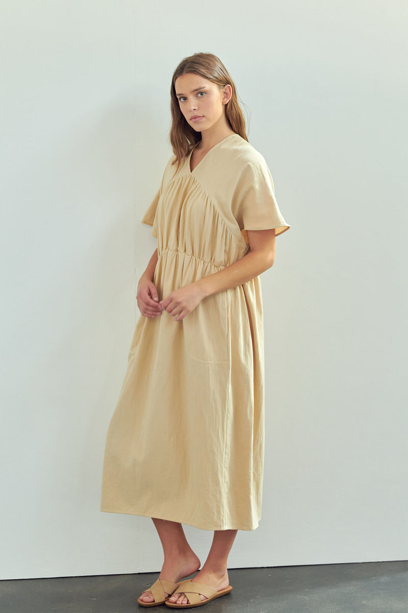 Shirred Midi Dress M/L / Sand / 100% Cotton Shirred Midi Dress M/L / Sand / 100% Cotton