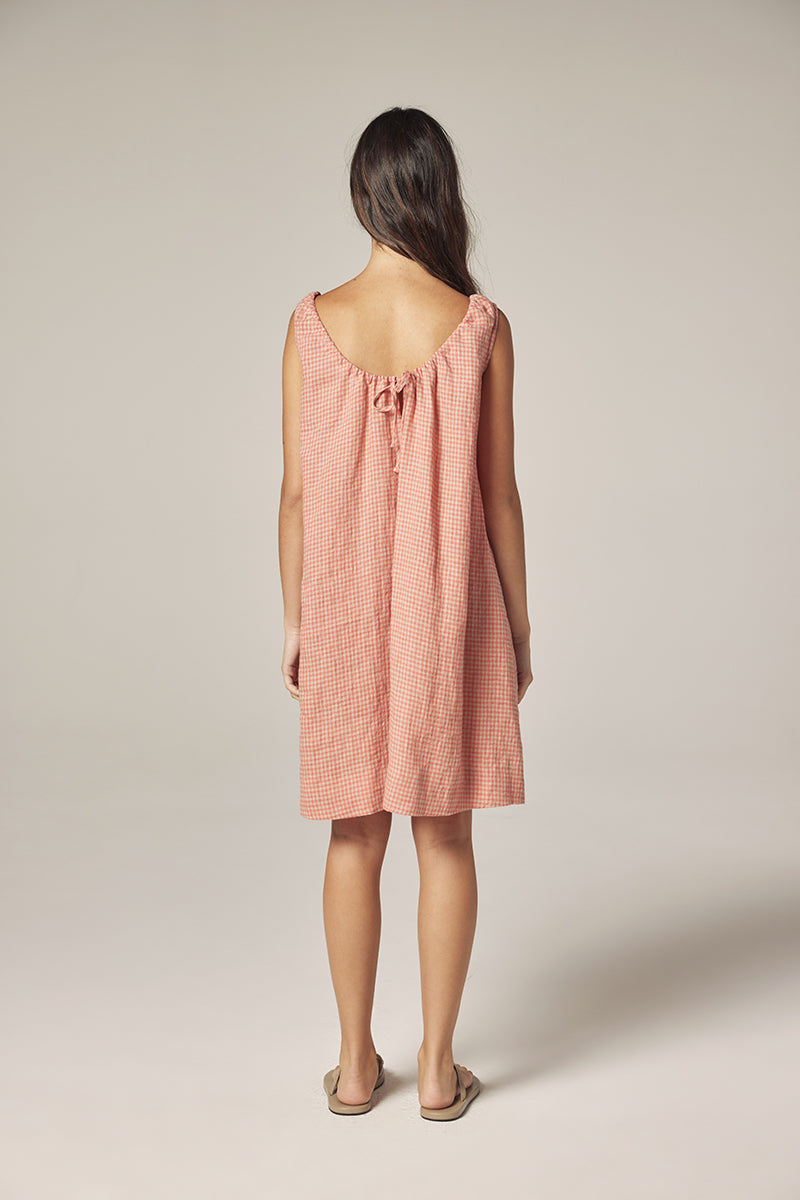 Gingham Linen Dress with Back Tie