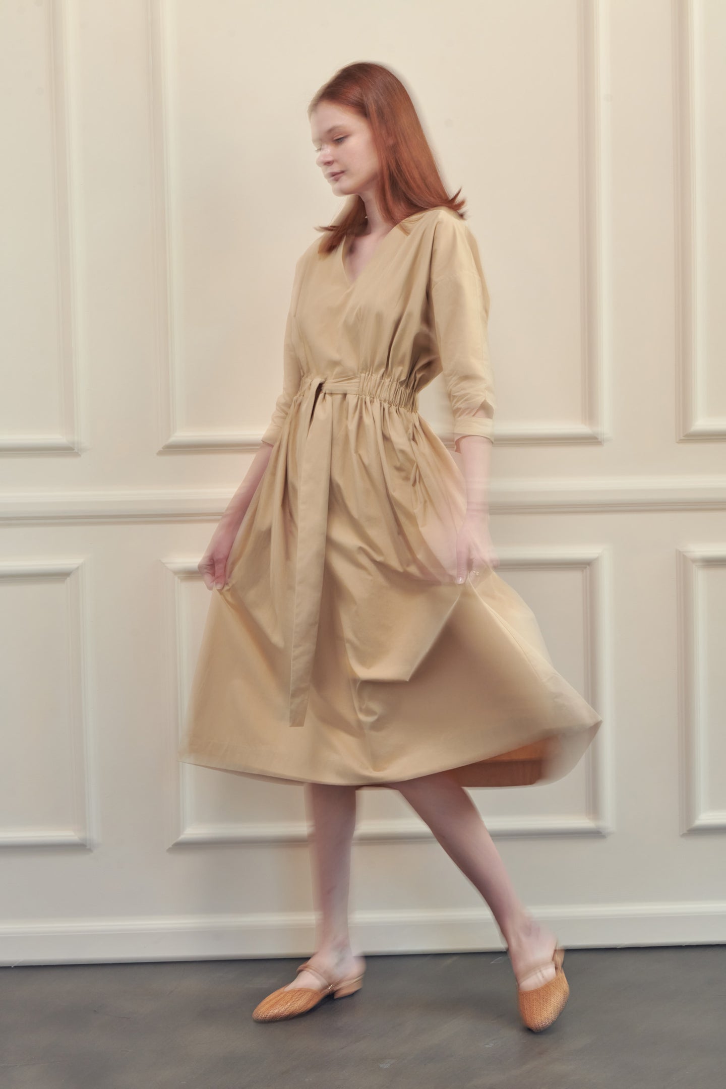 Cotton Front Tie Midi Dress in Safari