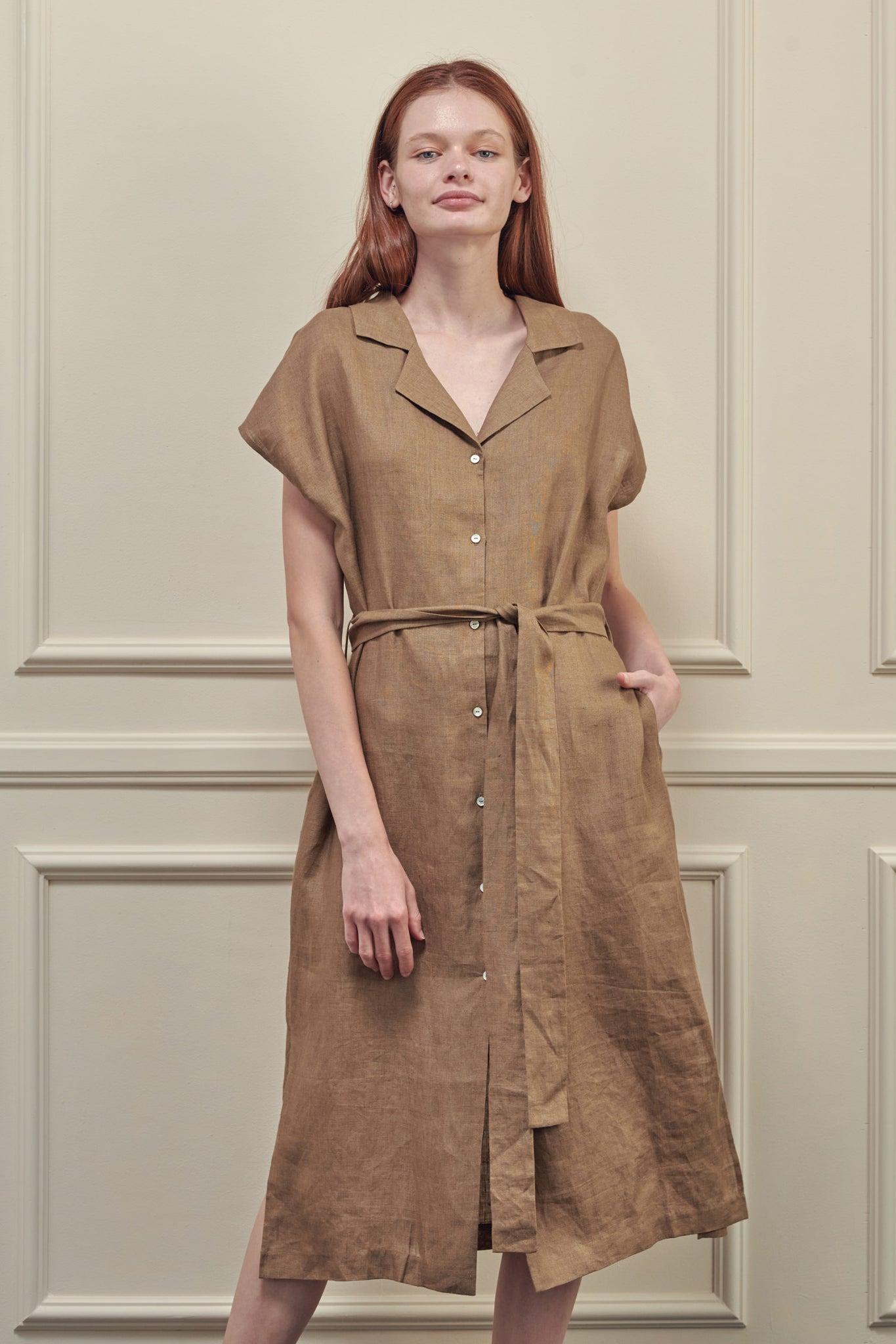 Button-Down Linen Shirt Dress in Mocha