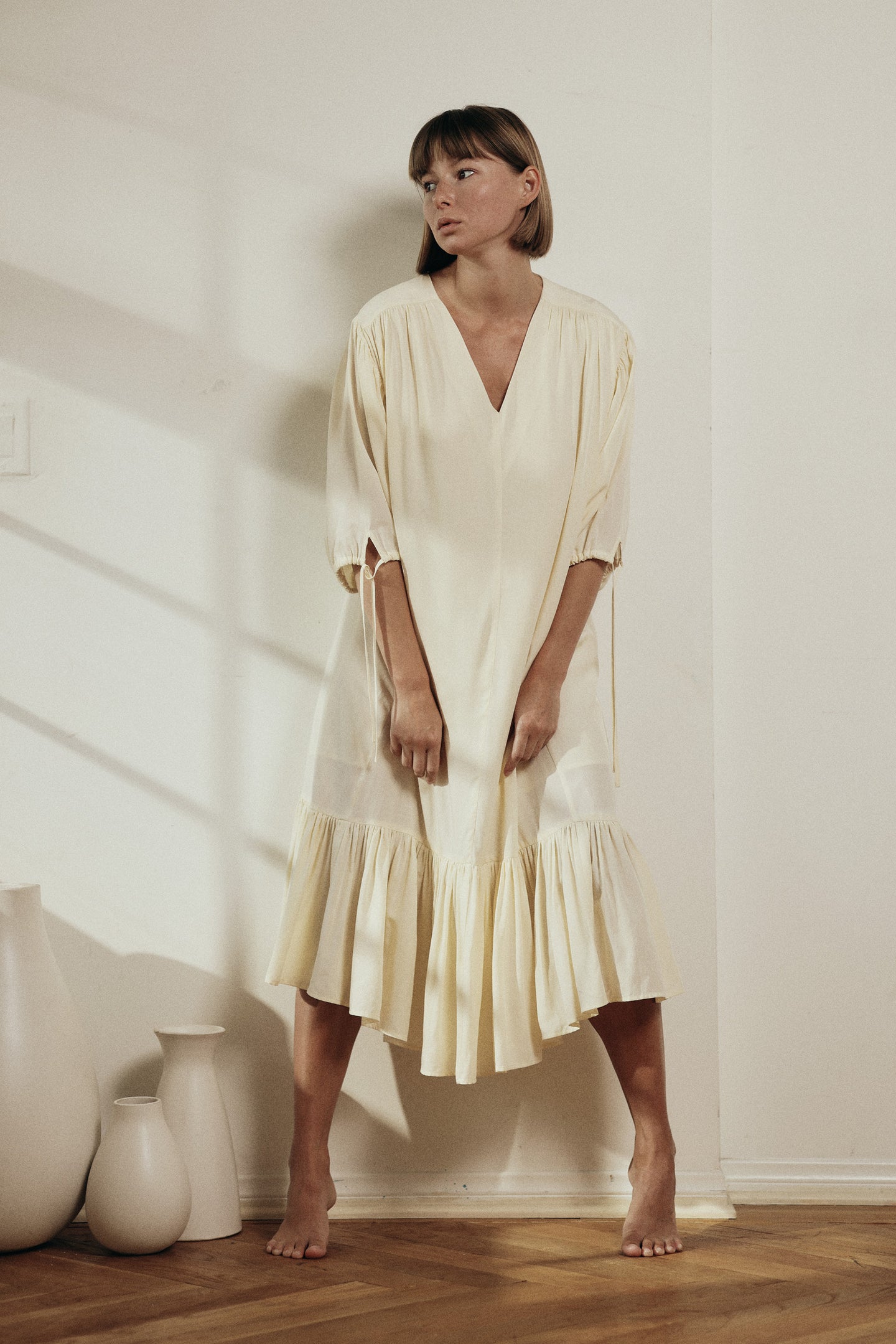 beige tiered midi dress A-line Pleated Chiffon V-neck Long Bridesmaid Dresses main image 0