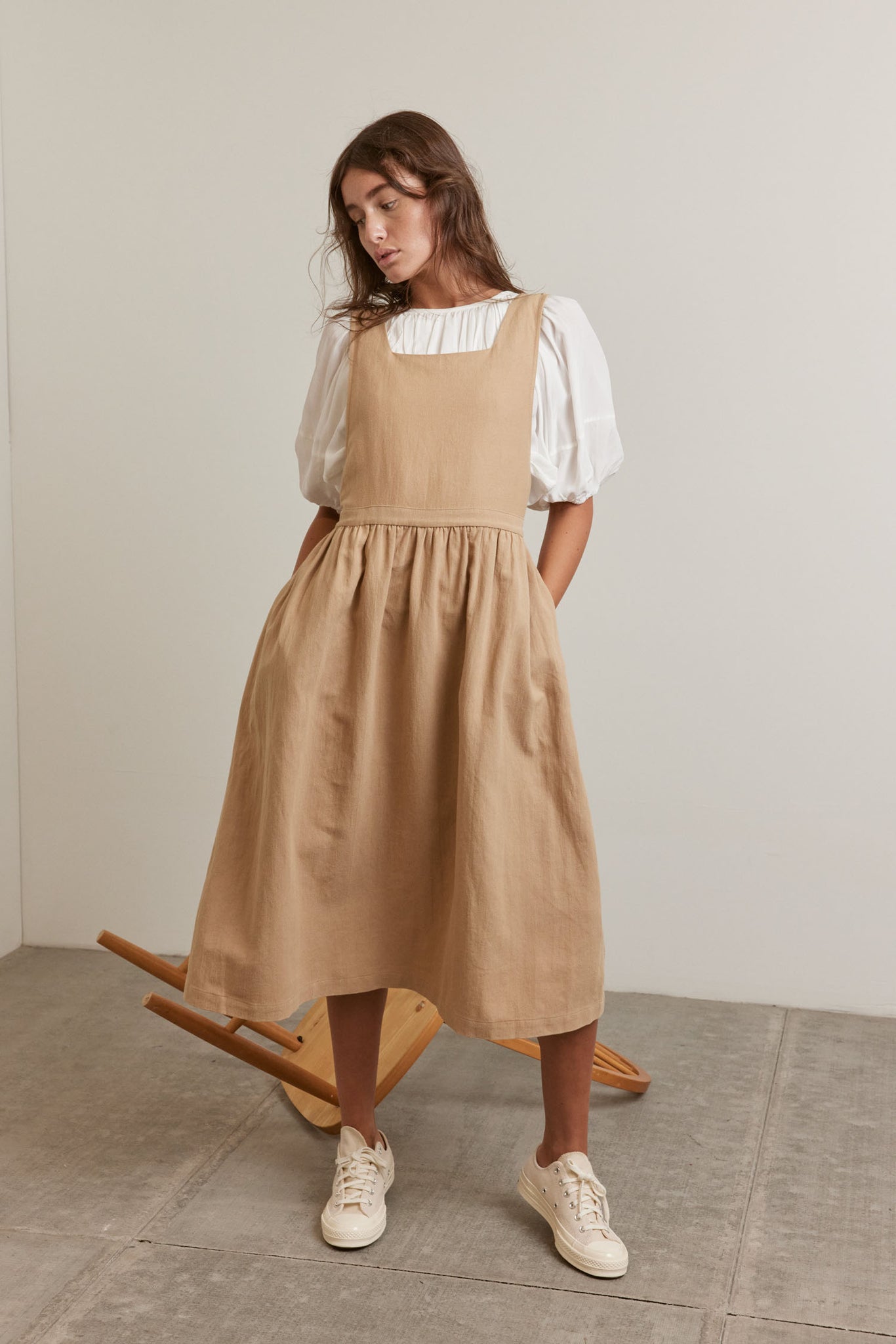 midi pinafore dress Lavender Cotton Linen V-Neck 50" / Tall (5'7" and above) a full suit with our Evelyn Bow blouse in the same colour and the same fabric Midi Linen Pinafore in Wheat-Large