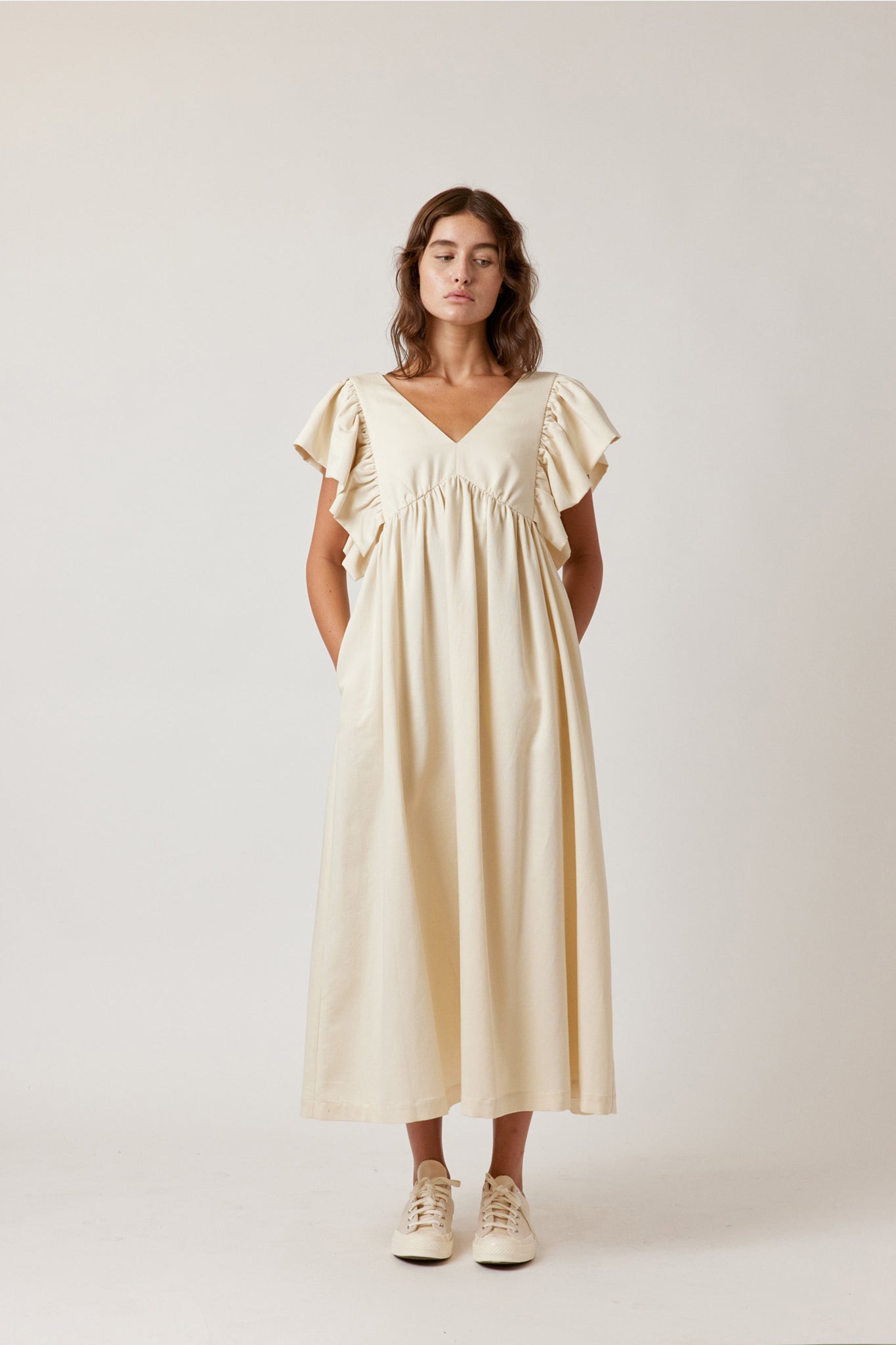 Ruffle Sleeve Midi Dress in Ecru